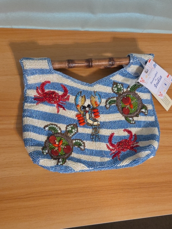 T.J.Maxx Handbags - Beaded Nautical Stripe Handbag with Crab & Turtle Embellishments